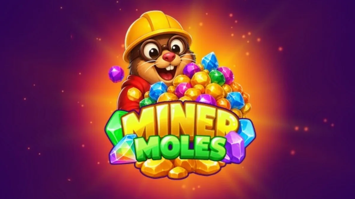 Tampilan visual slot Miner Moles dengan karakter tikus tanah dan gua permata