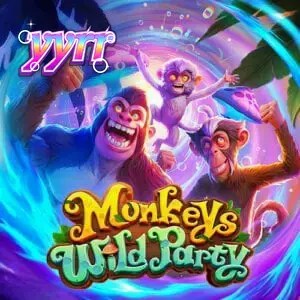 Tampilan visual grid 5x5 pada slot Monkeys Wild Party dengan tema hutan yang cerah
